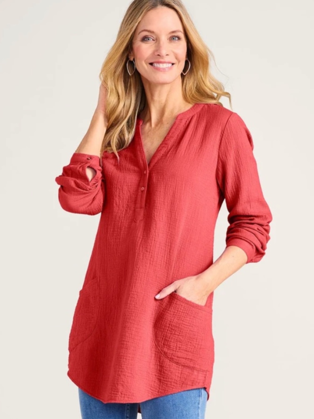 Soft Surroundings Santorini Tunic Shirt Top Sz 1X 16 18 Coral Red Gauze Coastal